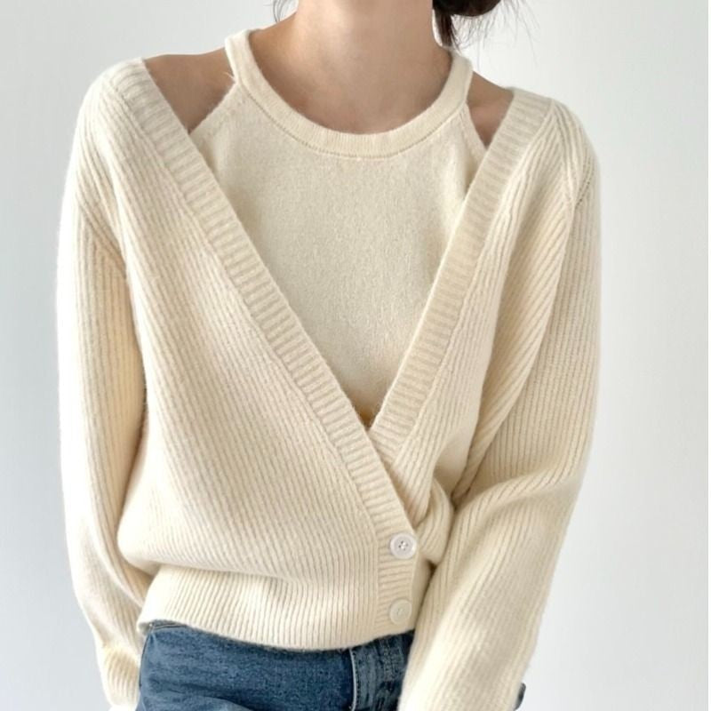 Damen Cropped Strickjacke V-Ausschnitt Knöpfe Beige