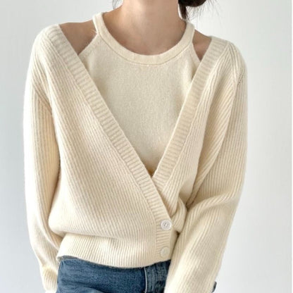 Damen Cropped Strickjacke V-Ausschnitt Knöpfe Beige