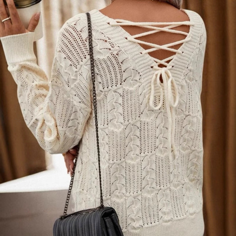 Damen Strickpullover Offene Schulter Lochmuster