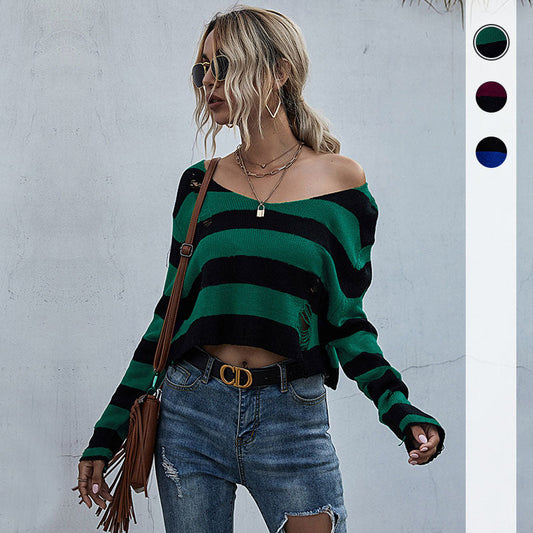 Damen Gestreifter Pullover V-Ausschnitt Lässig Grün - Eveloria