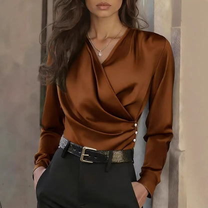 Damen Wickelbluse Satin Knöpfe Elegant Eveloria