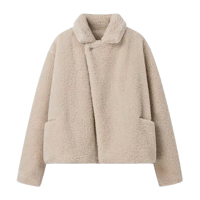 Damen Plüschjacke Reverskragen Taschen Kuschelig Beige Eveloria