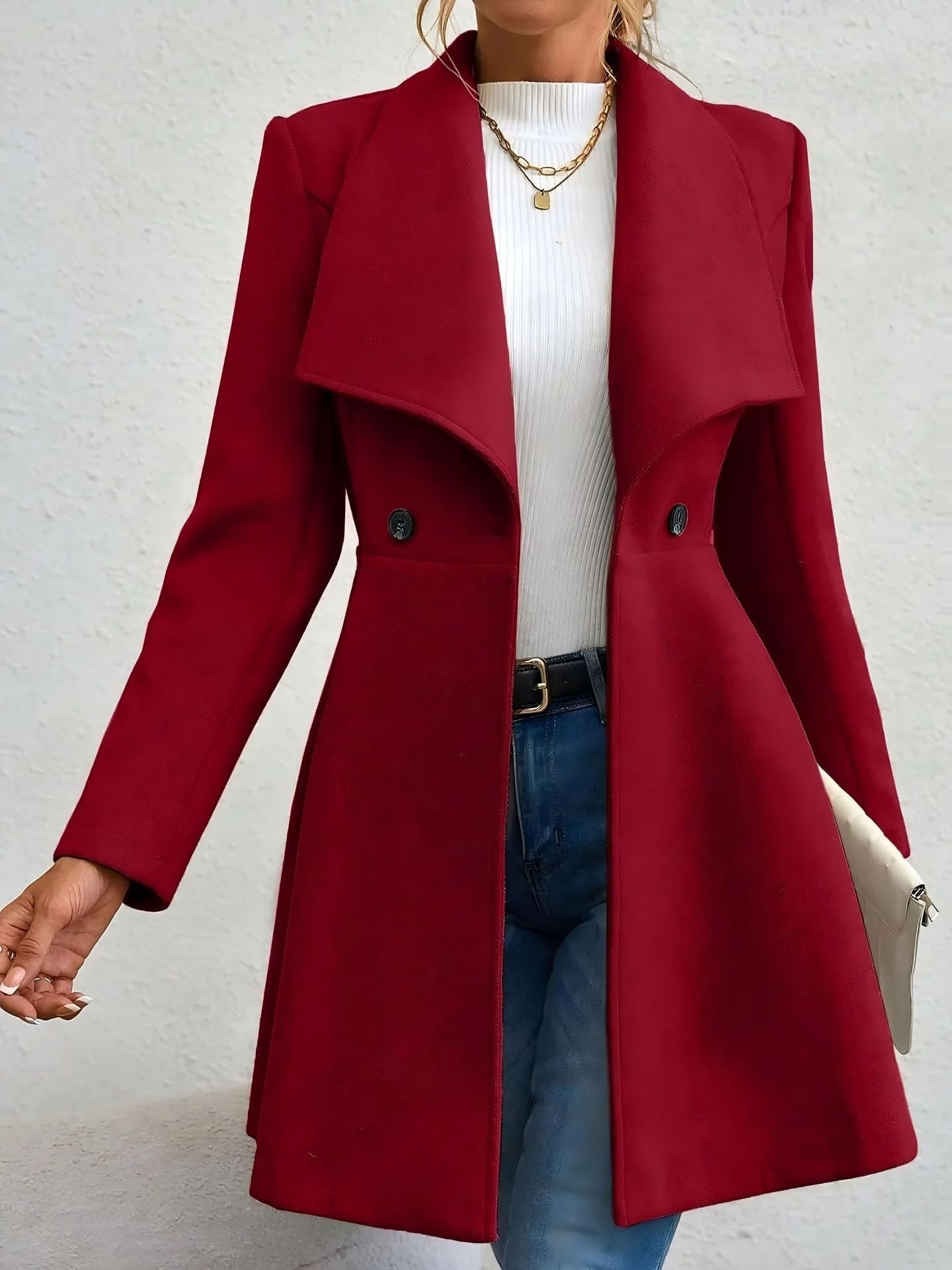 Damen Wollmantel Eleganter Revers Doppelter Knopf Eveloria