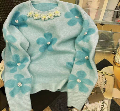 Damen Strickpullover Floral Applikationen Perlendetails