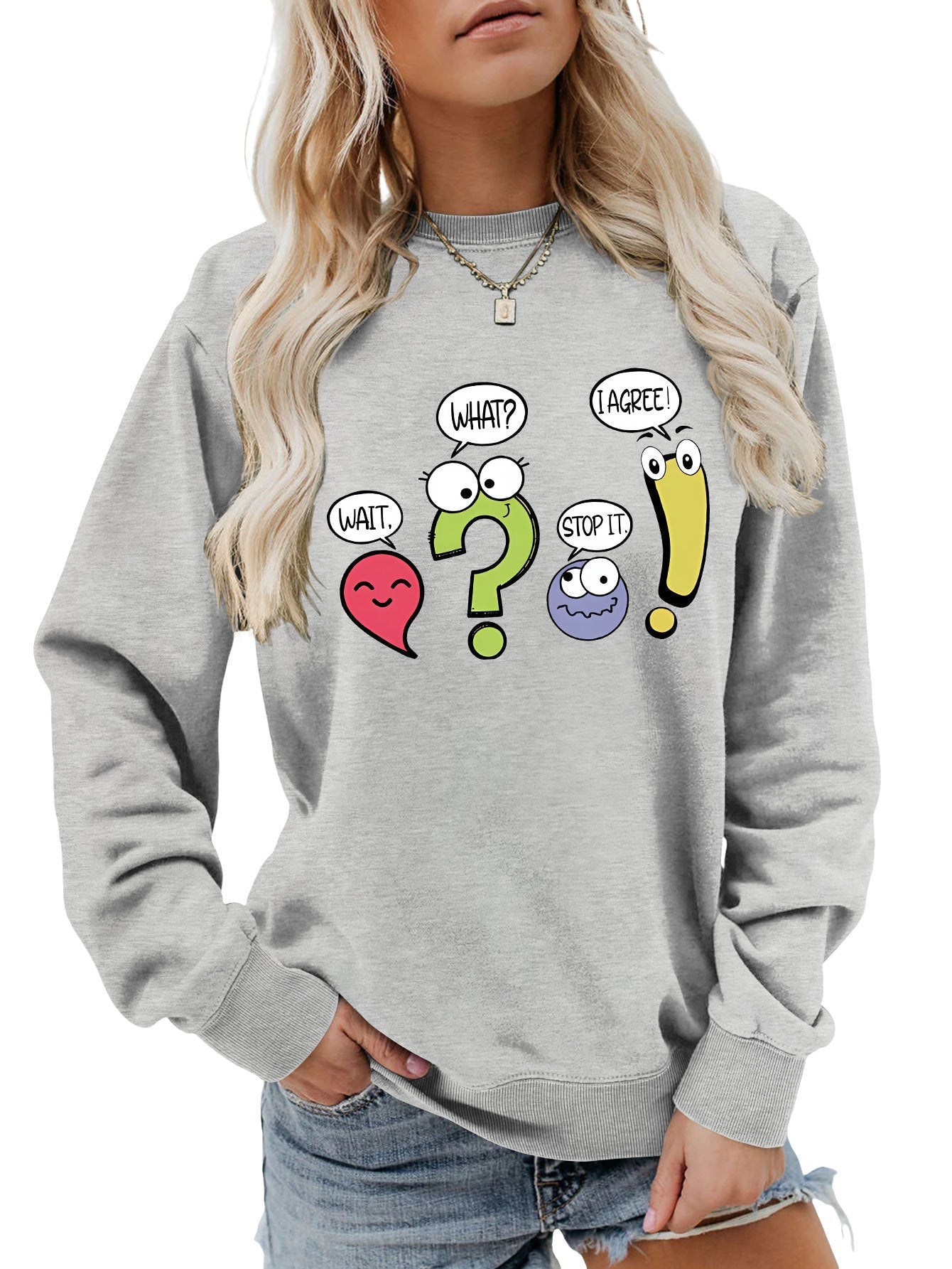 Damen Pullover Lässig Humorvolles Motiv Grau