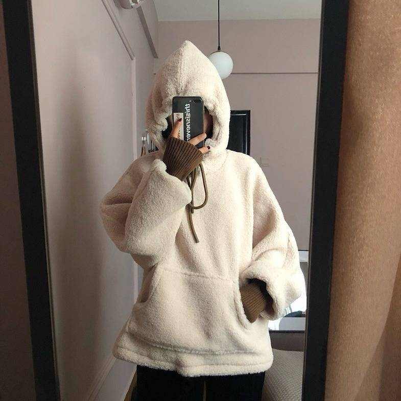 Damen Oversized Kapuzenpullover Kuschelfleece Vordertasche Elastisch