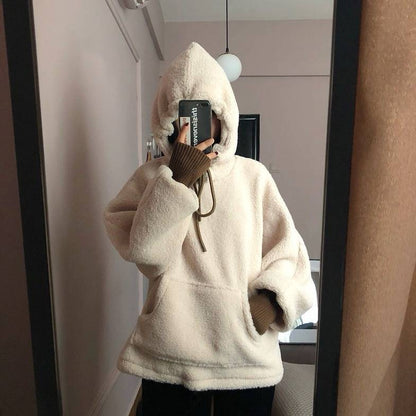 Damen Oversized Kapuzenpullover Kuschelfleece Vordertasche Elastisch