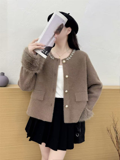 Damen Strickjacke Perlenverzierung Flausch Ärmel Eveloria