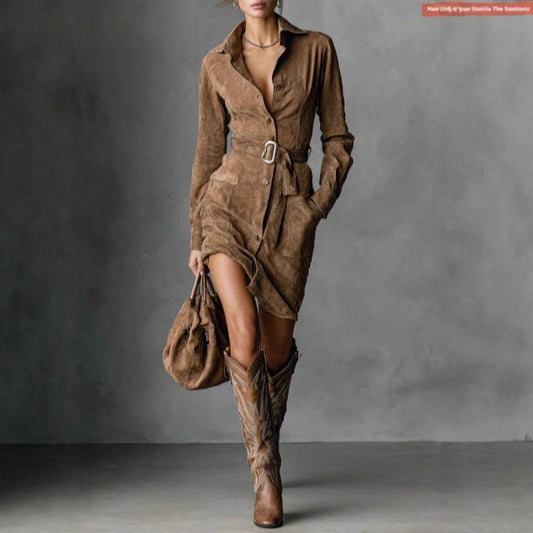 Damen Hemdblusenkleid Tailliert Gürtel Seitentaschen Eveloria - Eveloria