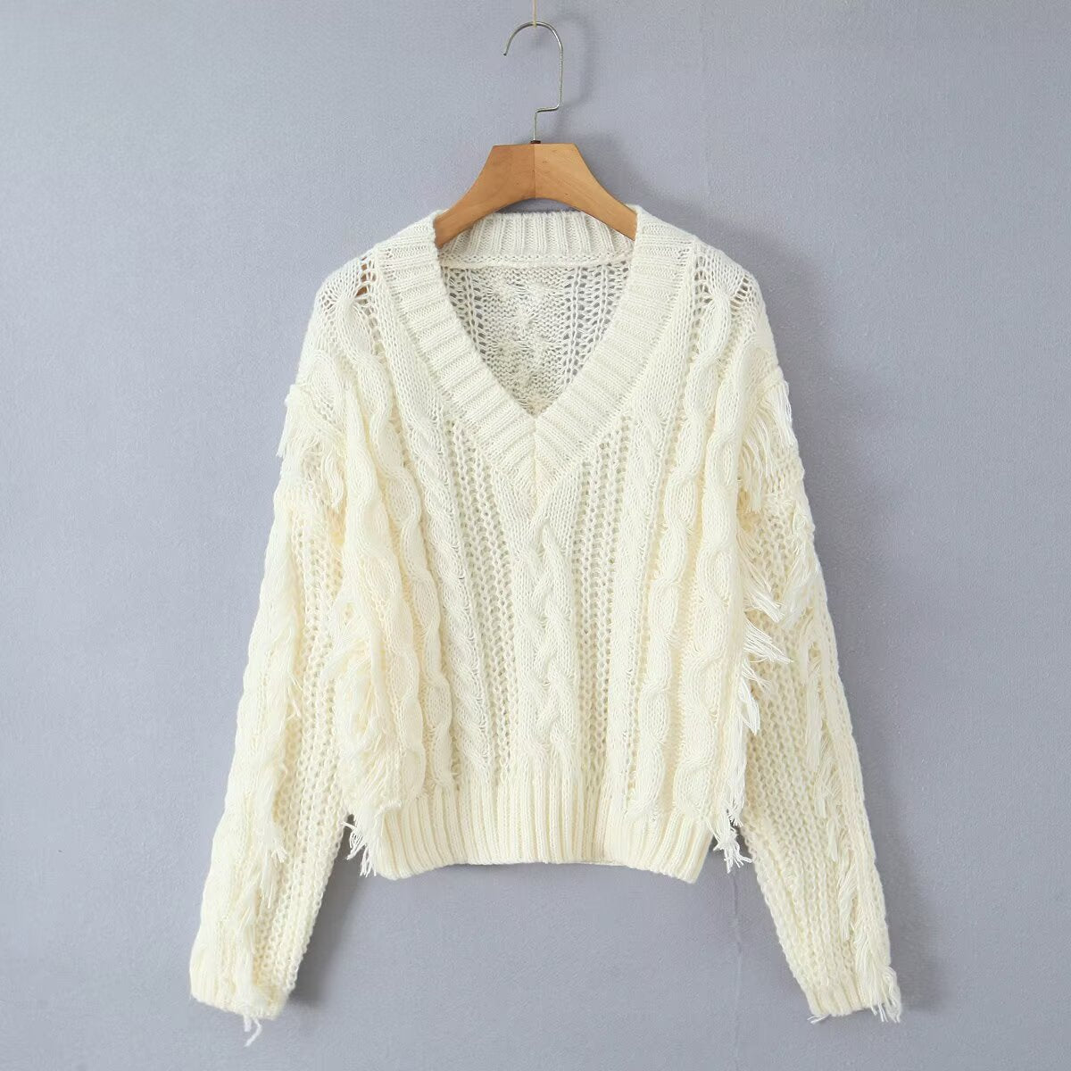 Damen Grobstrickpullover V-Ausschnitt Fransen
