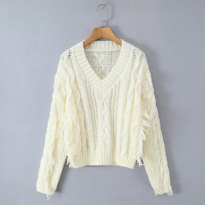 Damen Grobstrickpullover V-Ausschnitt Fransen