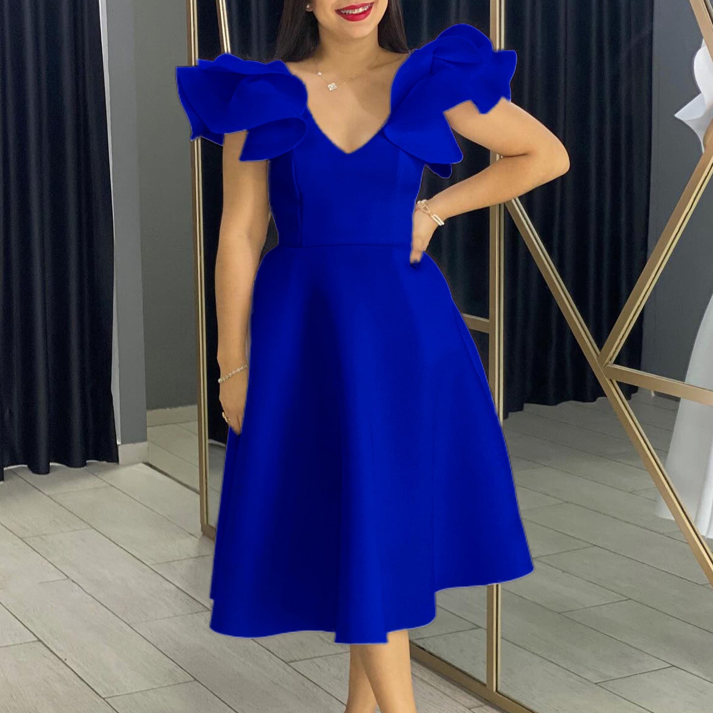 Damen Midi-Kleid Voluminöse Rüschenärmel Weit Schwingender Rock