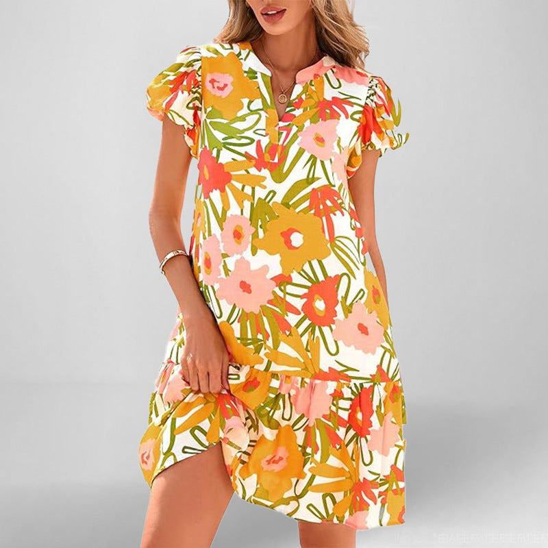 Damen Kleid Kurzarm Fließend Rüschensaum Eveloria