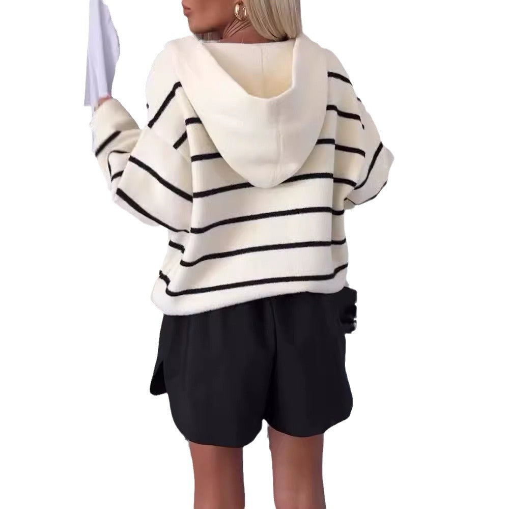 Damen Strickjacke Übergröße Streifenmuster mit Taschen Beige