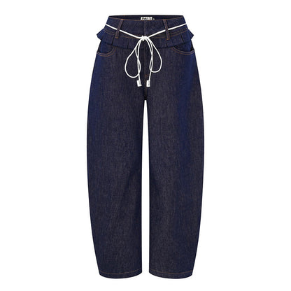 Damen Weite Denim-Hose Hochgeschnitten Mit Falten Blau Eveloria