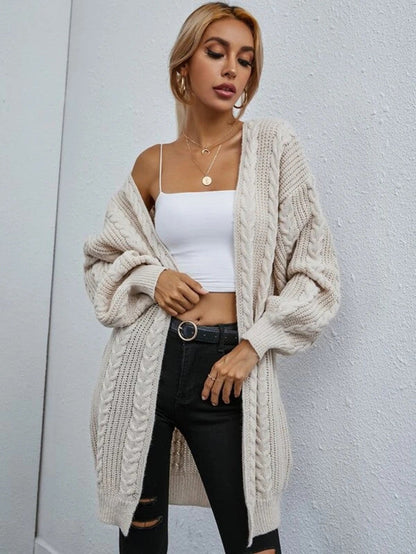 Damen Grobstrick-Cardigan Lässig Zopfmuster Beige