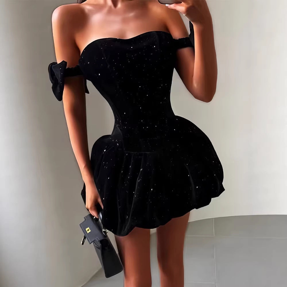 Damen Cocktailkleid Schulterfrei Glitzernd Eveloria