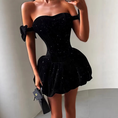 Damen Cocktailkleid Schulterfrei Glitzernd Eveloria