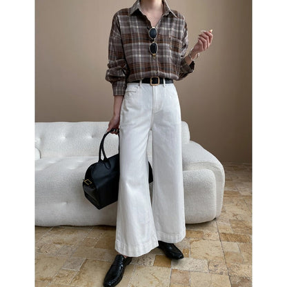 Damen Overshirt-Bluse Karierter Stoff Bequeme Ärmel Blau