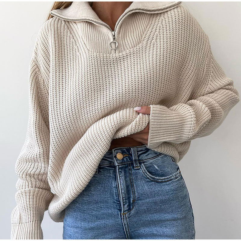 Damen Strickpullover Oversized mit Reißverschluss und Stehkragen - Eveloria