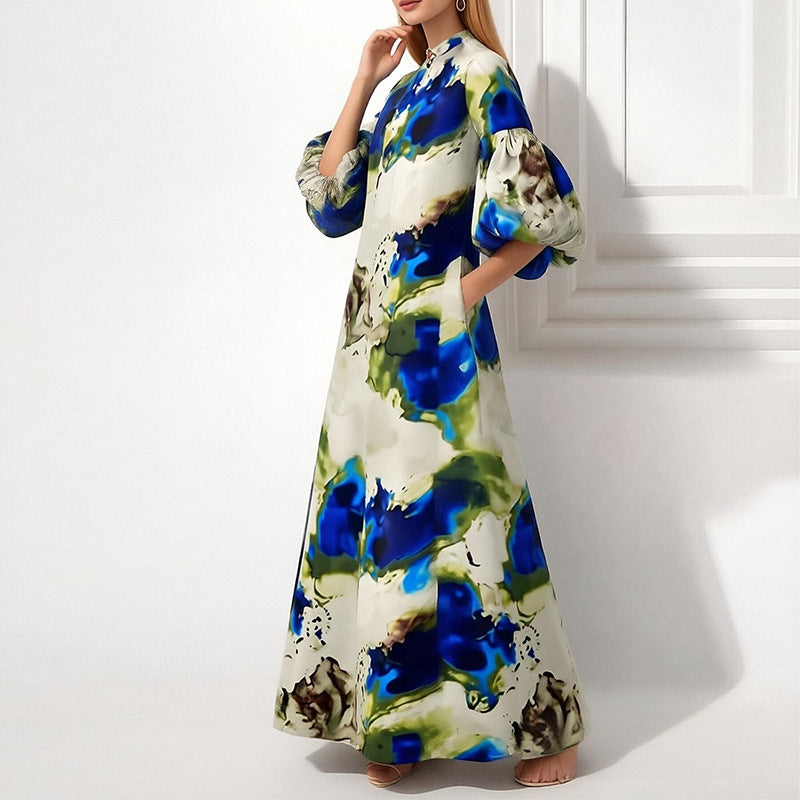 Damen Maxikleid Voluminöse Puffärmel Farbig Eveloria