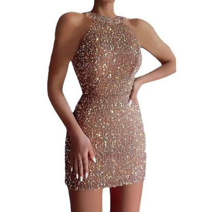 Damen Glitzerndes Minikleid Halbausschnitt Figurbetont