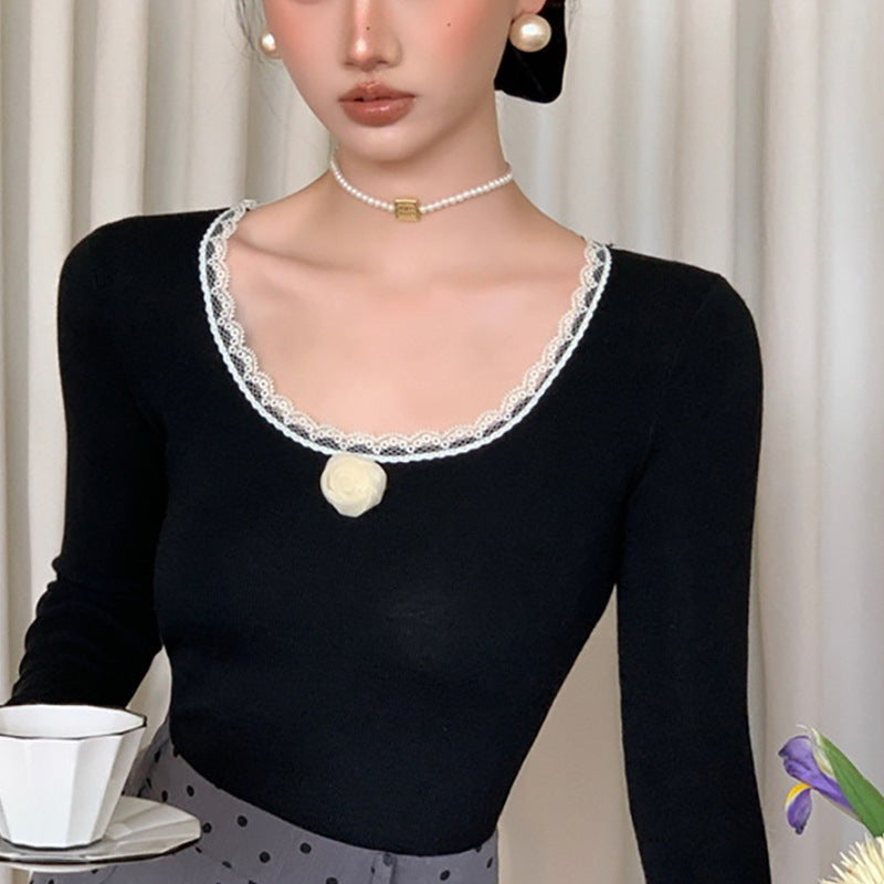 Damen Langarmshirt Spitze Blume Weiß - Eveloria