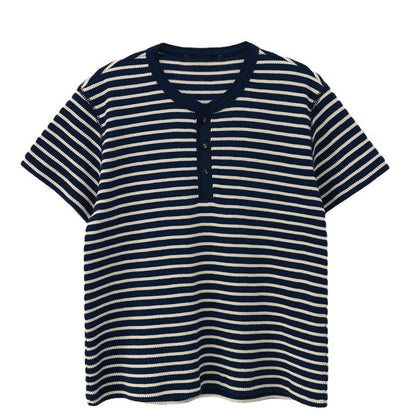 Damen Kurzarmshirt Gestreift Knopfleiste Eveloria