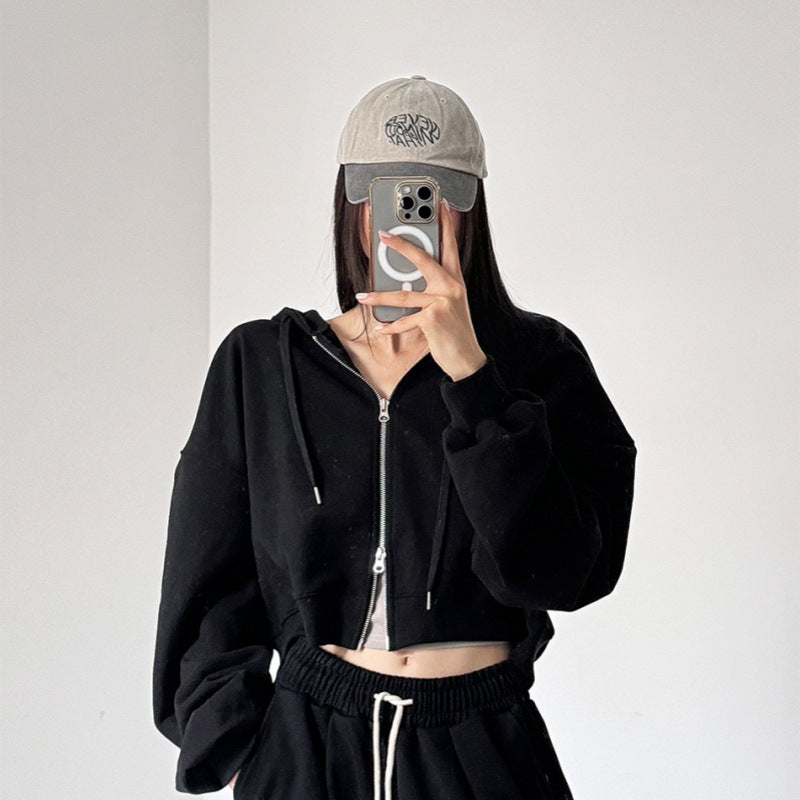 Damen Cropped Kapuzenjacke Reißverschluss Elastisch Schwarz Eveloria - Eveloria