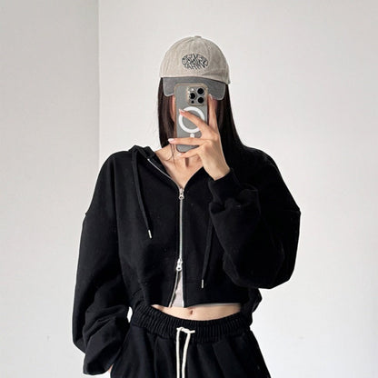 Damen Cropped Kapuzenjacke Reißverschluss Elastisch Schwarz Eveloria - Eveloria