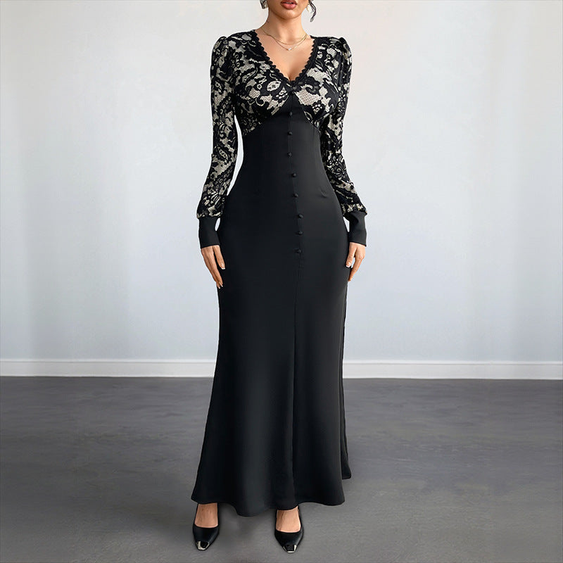 Damen Maxikleid Spitze Tailliert Schwarz - Eveloria