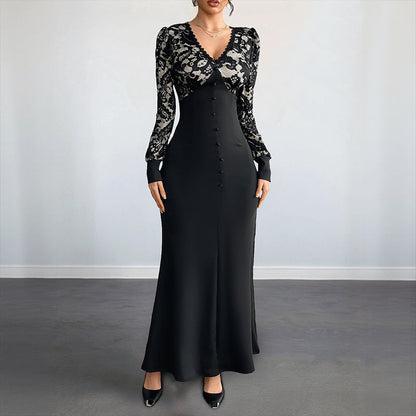 Damen Maxikleid Spitze Tailliert Schwarz - Eveloria