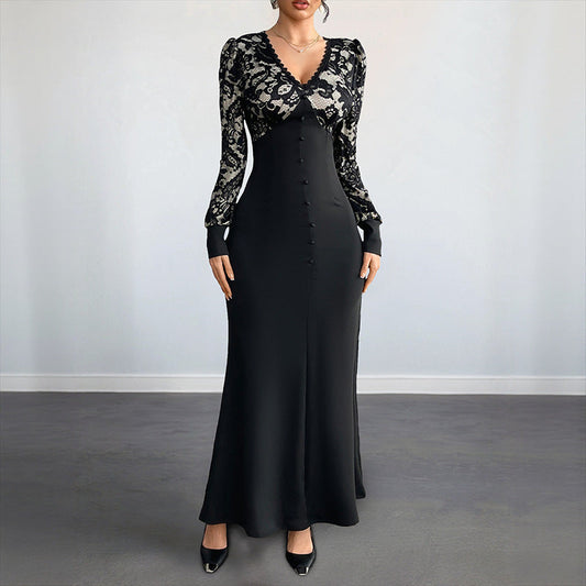 Damen Maxikleid Spitze Tailliert Schwarz - Eveloria