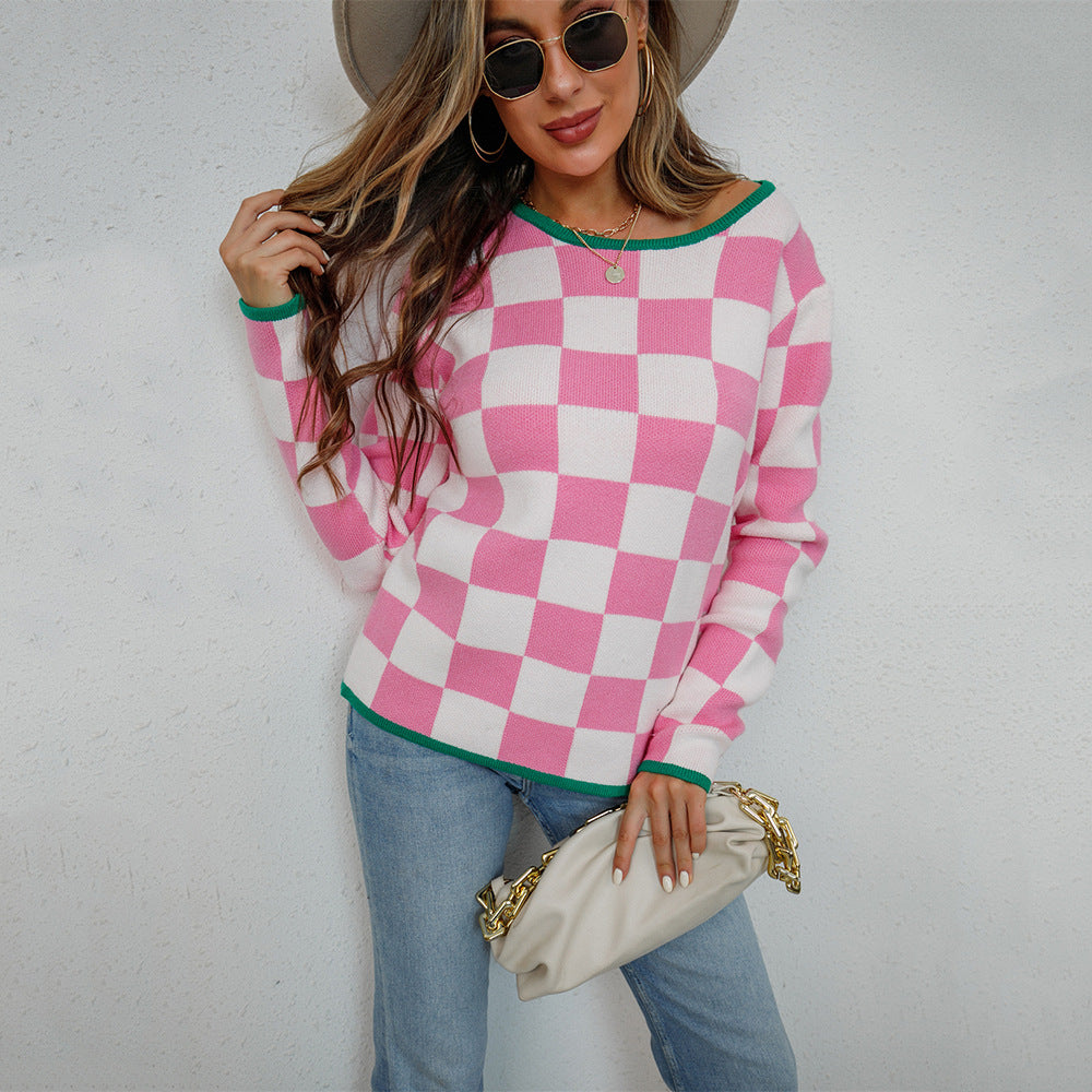 Damen Pullover Checkerboard Muster Grau Eveloria
