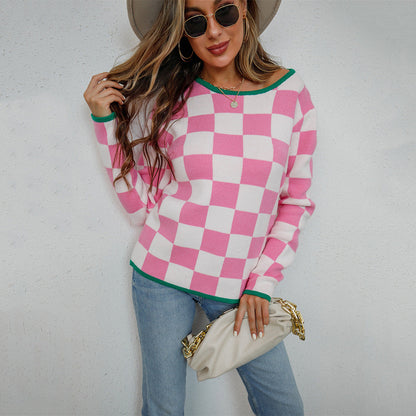 Damen Pullover Checkerboard Muster Grau Eveloria