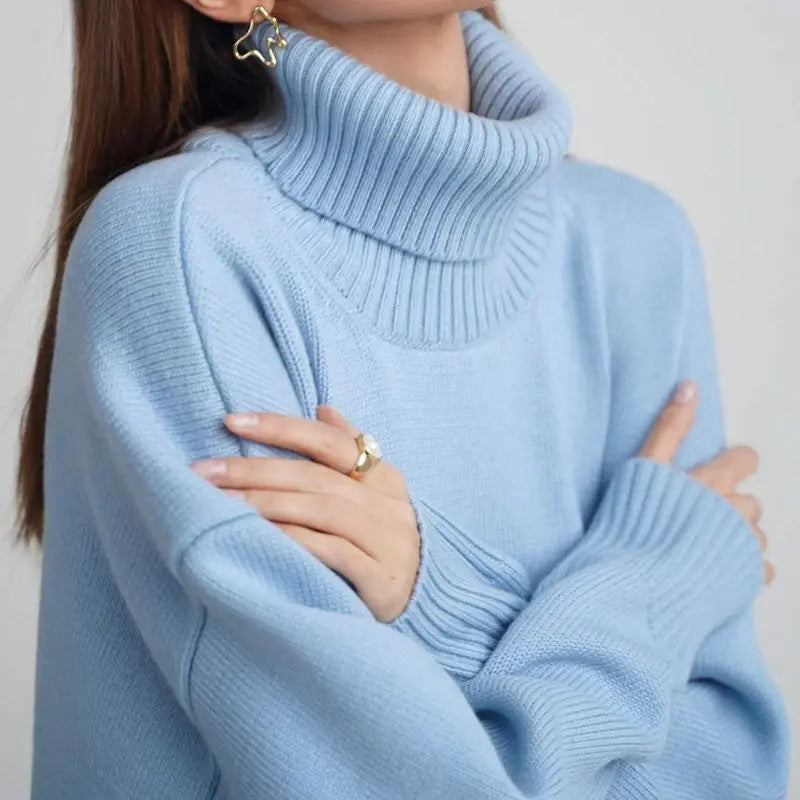 Damen Oversized Rollkragenpullover Gestrickt Basic Beige