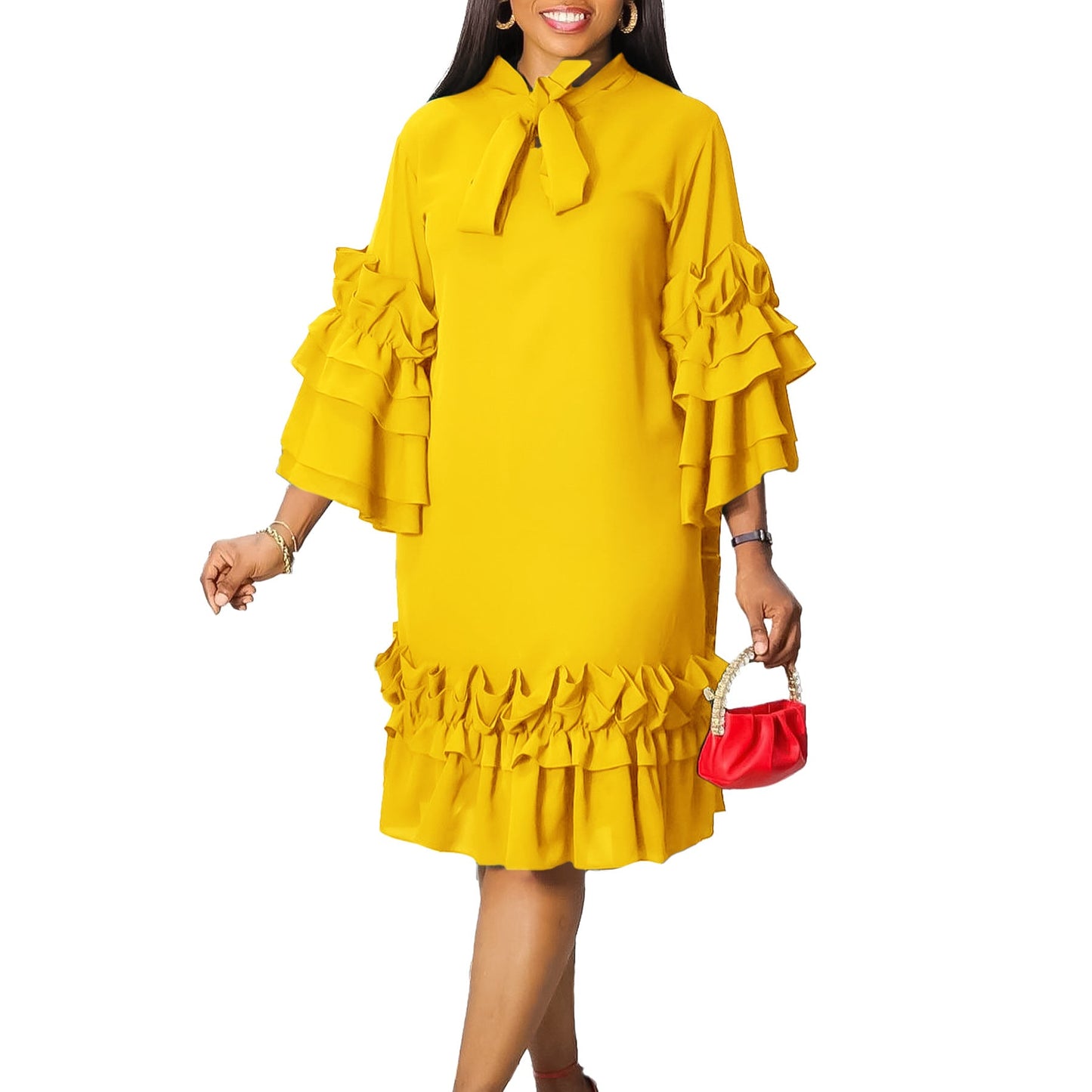 Damen Midi-Kleid Voluminöse Rüschenärmel Elegante Schleife