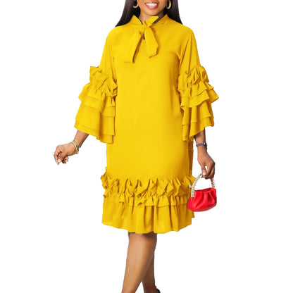 Damen Midi-Kleid Voluminöse Rüschenärmel Elegante Schleife
