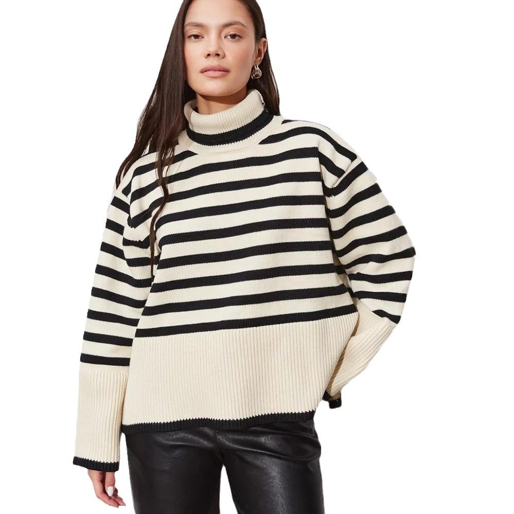 Damen Pullover Grobgestrickt Breton-Streifen Hochkragen Beige