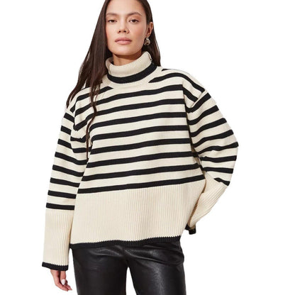 Damen Pullover Grobgestrickt Breton-Streifen Hochkragen Beige