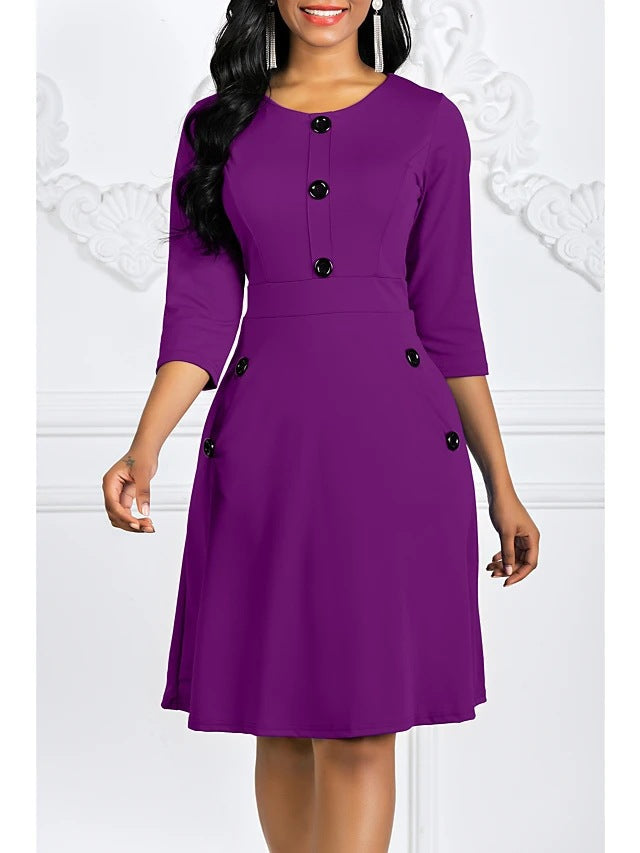 Eveloria Damen Kleid Knieumspielend 3/4-Ärmel Schmuckknöpfe