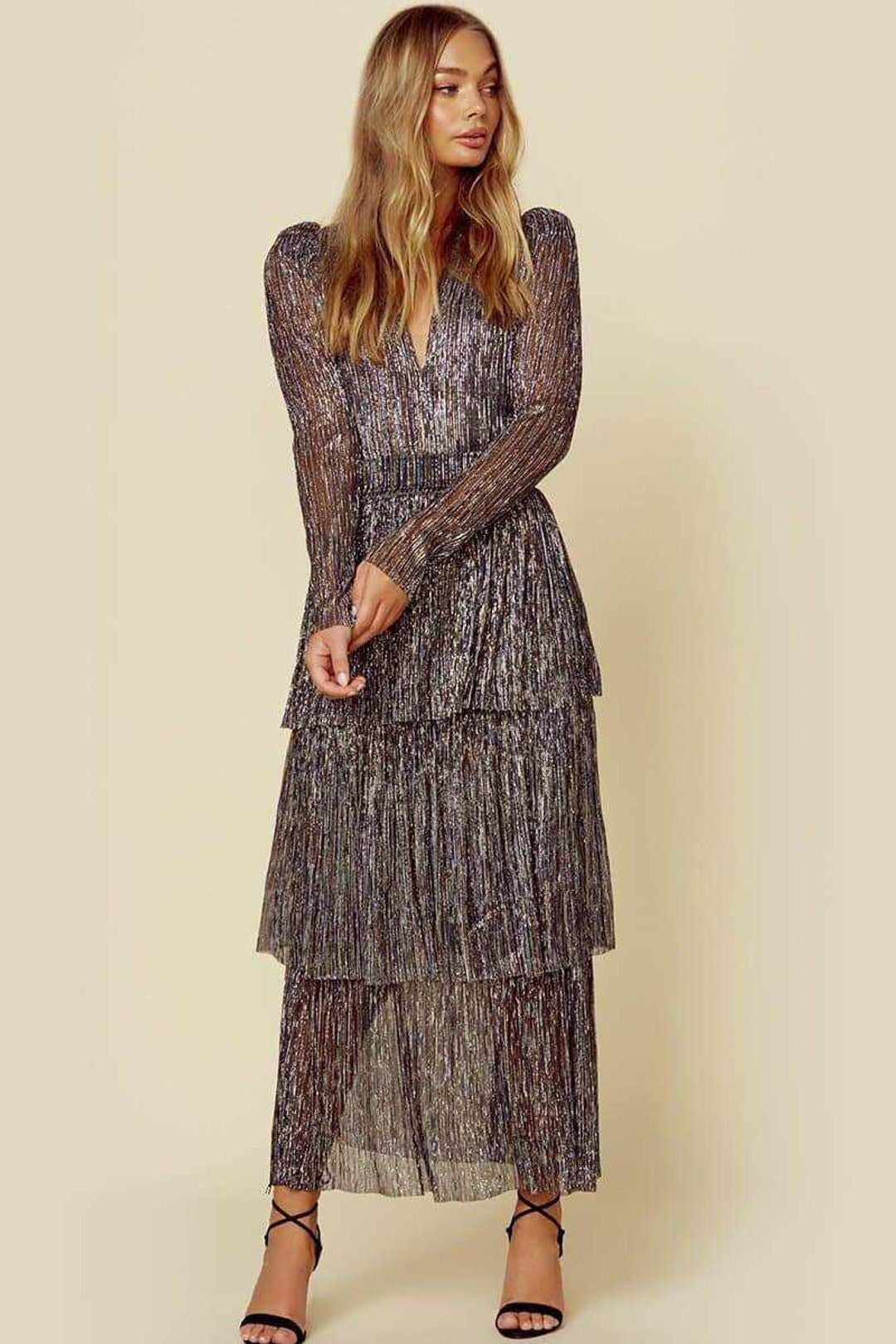 Damen Faltenkleid V-Ausschnitt schimmernd Eveloria