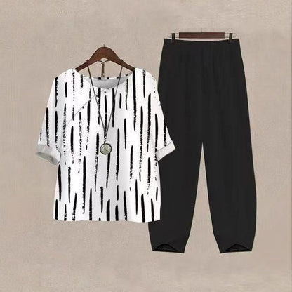 Damen Freizeit Set mit Streifen Oberteil und bequemen Hosen