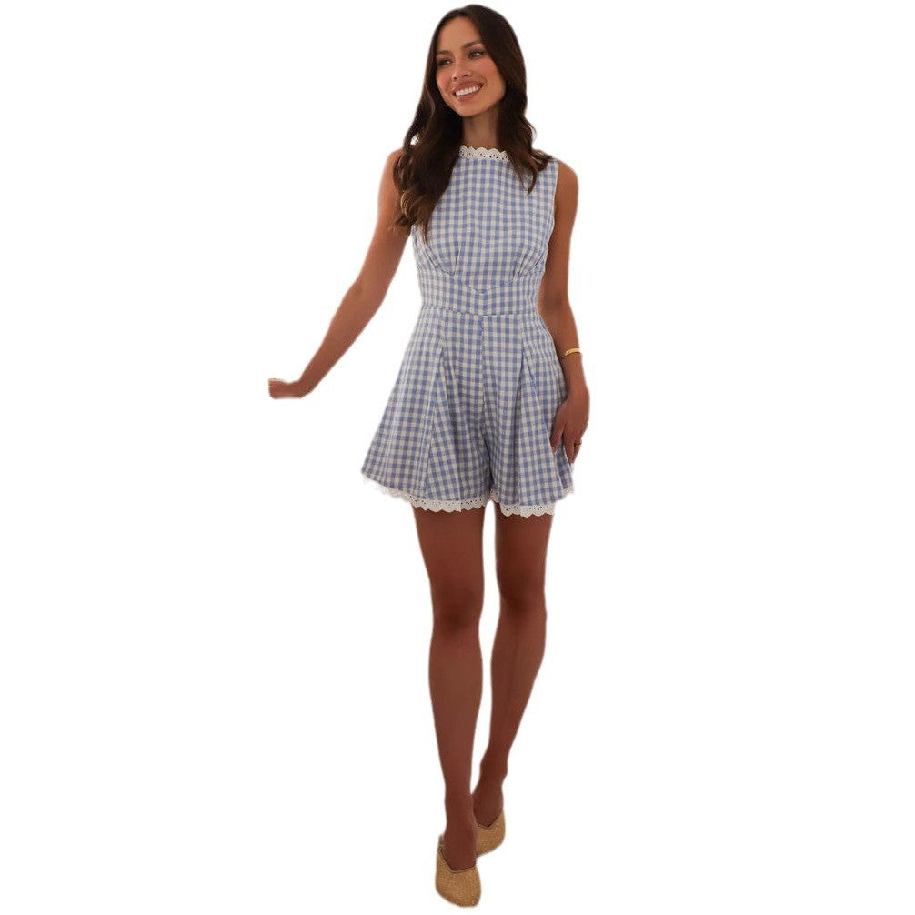 Damen Jumpsuit Gekräuselter Saum Spitzenelemente Eveloria