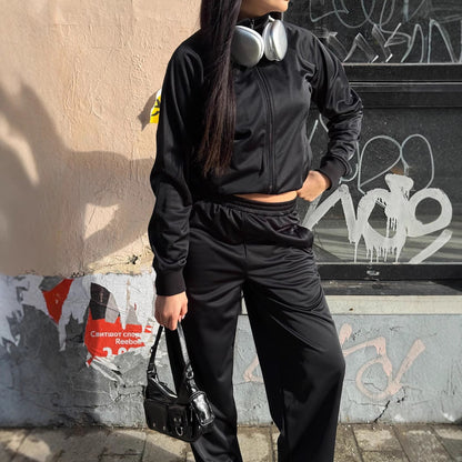 Damen Sportlicher Zweiteiler Cropped Jacke Elastische Jogginghosen