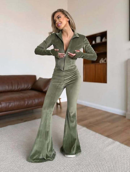 Damen Fleece Jogginganzug Elegant Reißverschluss Ausgestellte Beine
