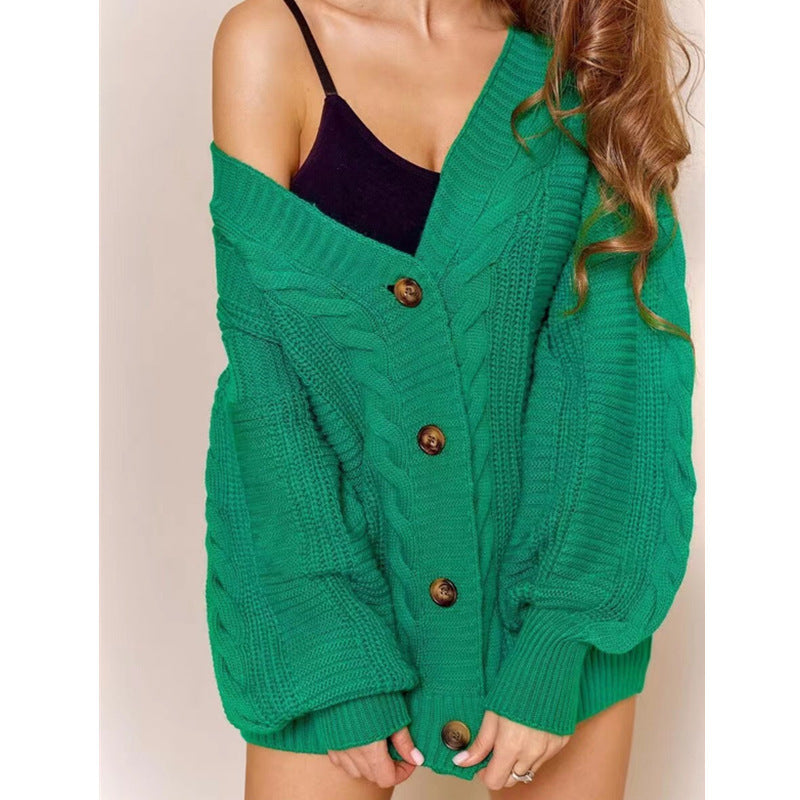 Damen Grobstrick Cardigan Voluminöse Ärmel Große Knöpfe Eveloria