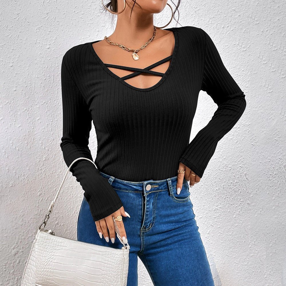 Damen Langarmshirt Modischer Kreuzausschnitt Eveloria
