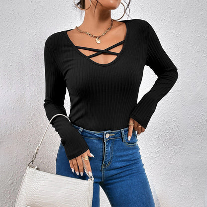 Damen Langarmshirt Modischer Kreuzausschnitt Eveloria