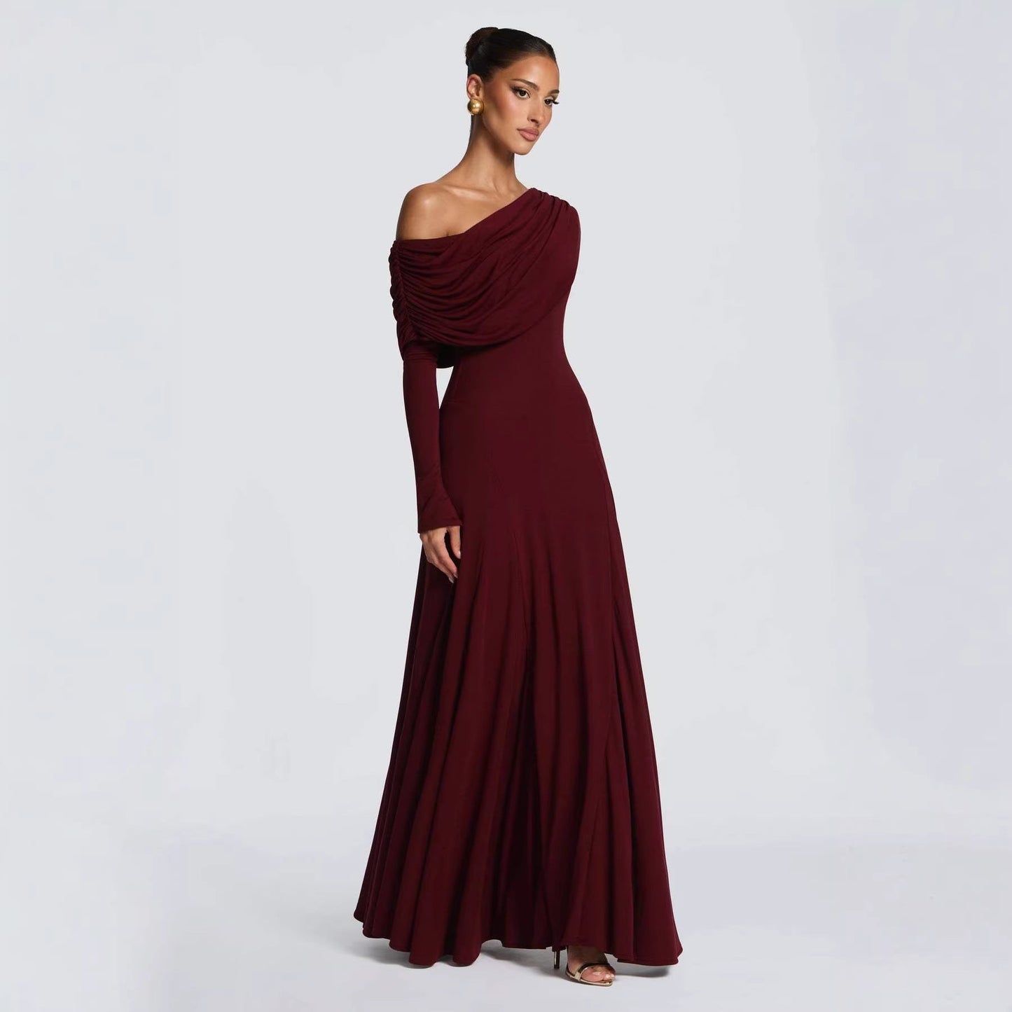 Damen Langarm-Maxikleid Asymmetrisch Drapierung Elegante Abendkleid